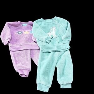 Infant Girl 6 Mo Pekkle Fleece Jogger/sweatsuit Lot Unicorn & Flowers Preowned